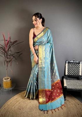 Sky Blue Zari Woven Silk Saree Set