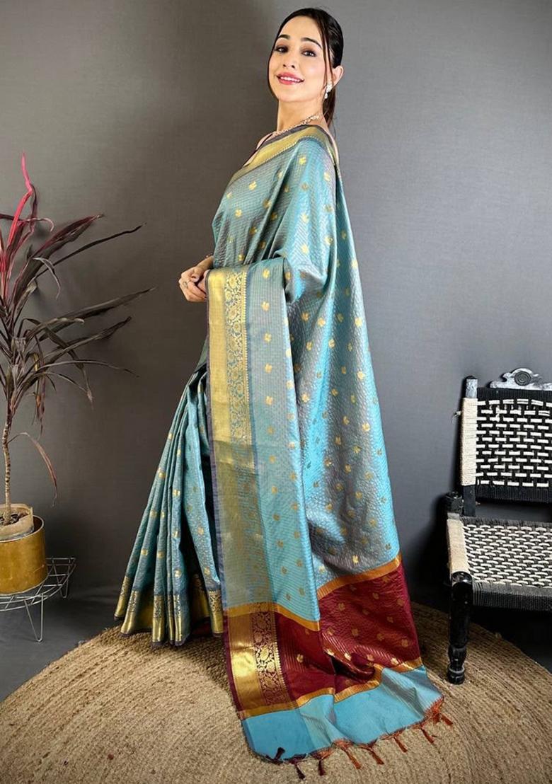 Sky Blue Zari Woven Silk Saree Set - Indya