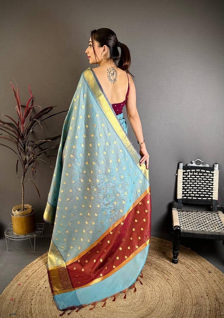Sky Blue Zari Woven Silk Saree Set - Indya