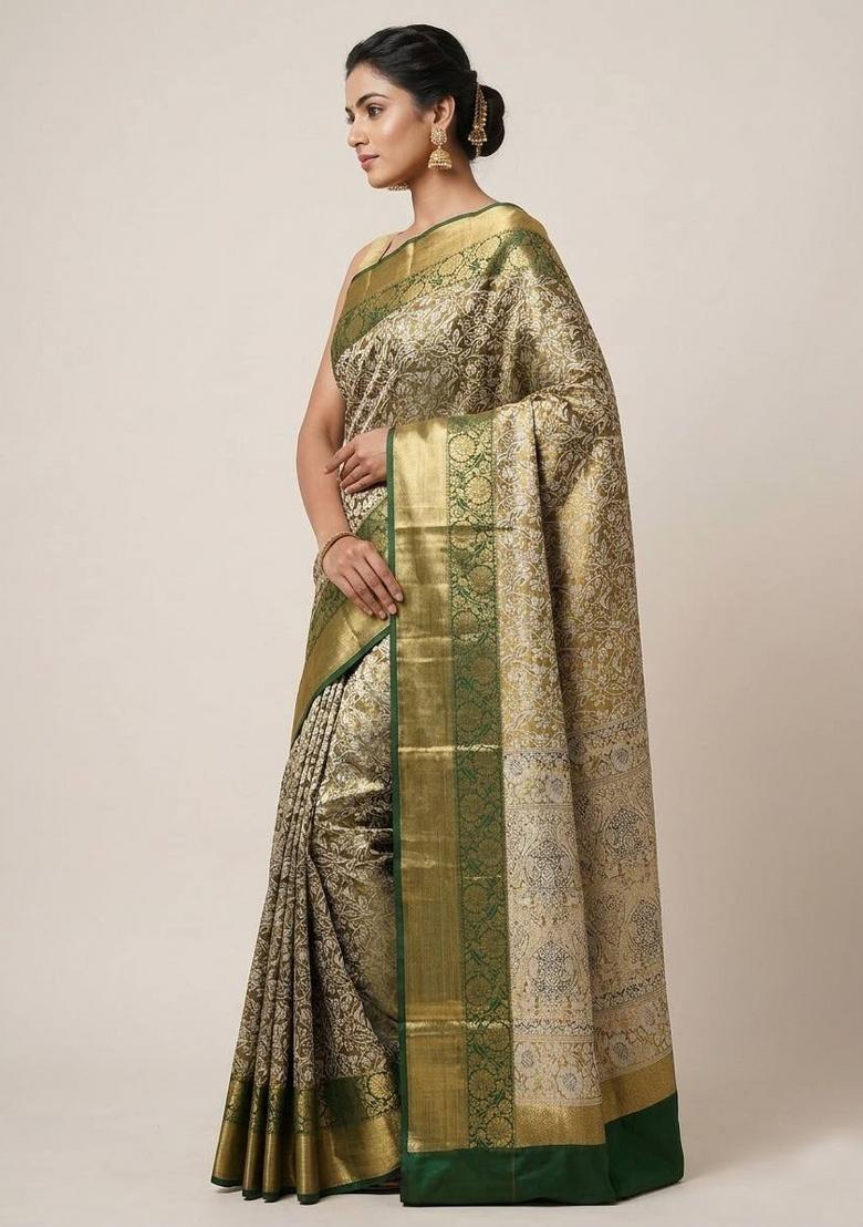 Beige Handloom Weaving Silk Saree Set - Indya