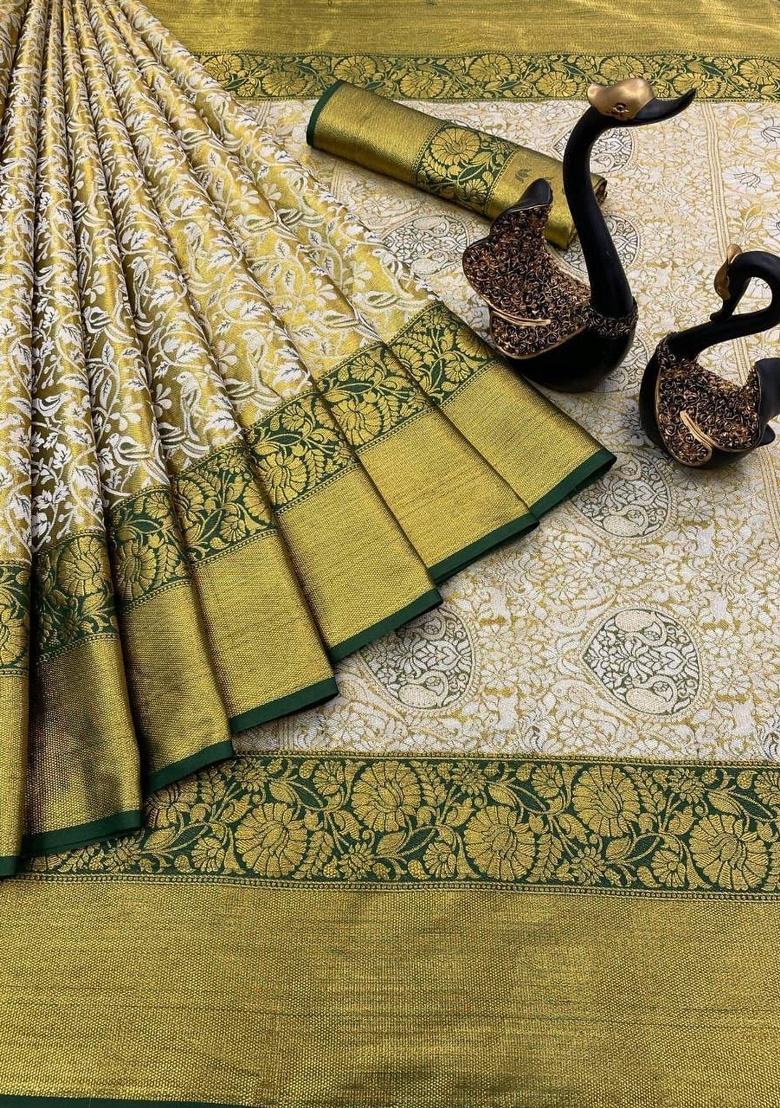 Beige Handloom Weaving Silk Saree Set - Indya