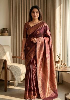 Brown Zari Woven Silk Saree Set