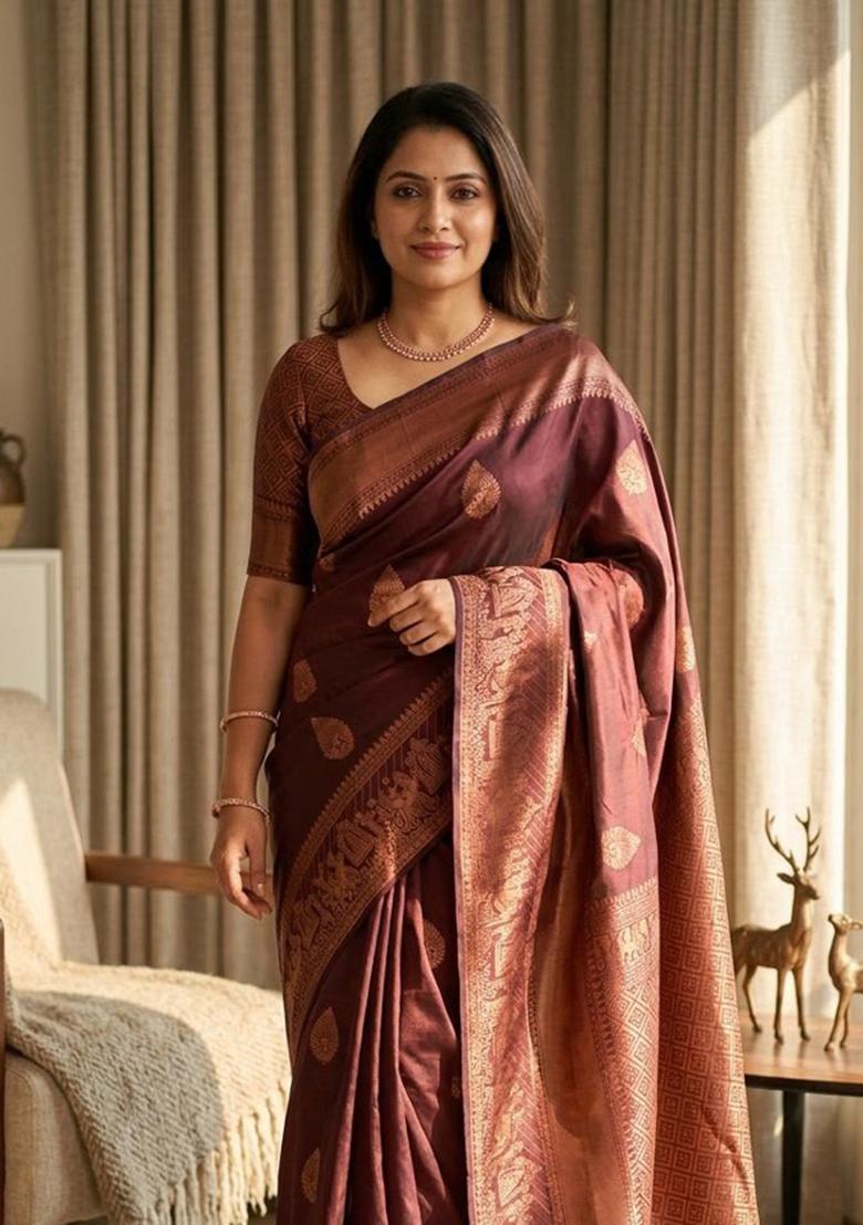 Brown Zari Woven Silk Saree Set - Indya