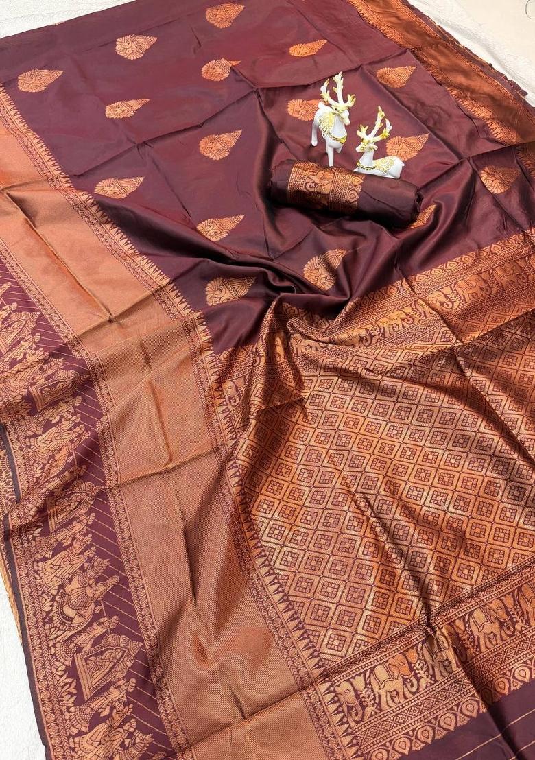 Brown Zari Woven Silk Saree Set - Indya