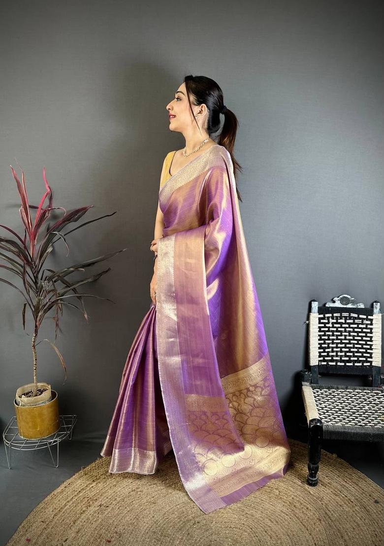 Purple Zari Woven Silk Saree Set - Indya