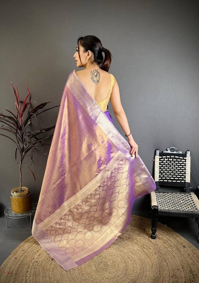 Purple Zari Woven Silk Saree Set - Indya