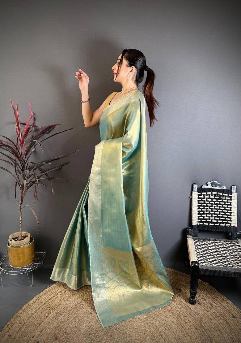 Light Blue Zari Woven Silk Saree Set - Indya