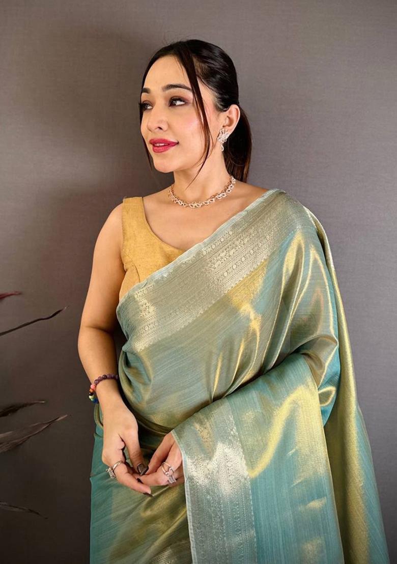 Light Blue Zari Woven Silk Saree Set - Indya