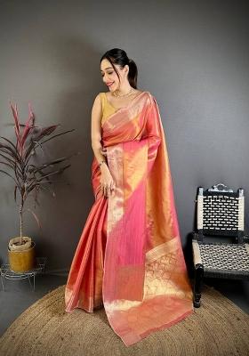 Pink Zari Woven Silk Saree Set