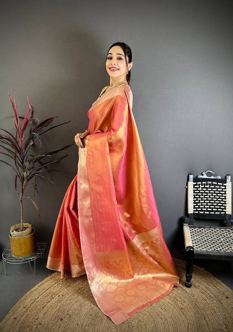 Pink Zari Woven Silk Saree Set - Indya