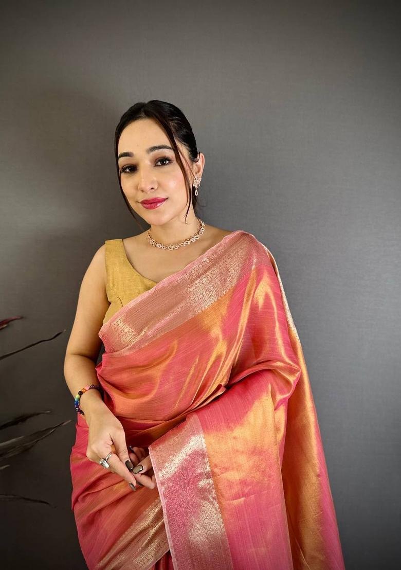 Pink Zari Woven Silk Saree Set - Indya