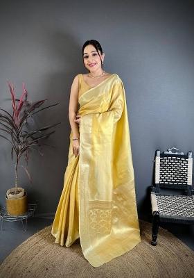 Beige Zari Woven Silk Saree Set
