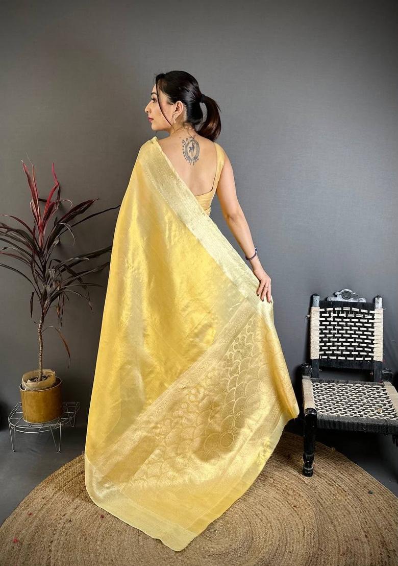Beige Zari Woven Silk Saree Set - Indya