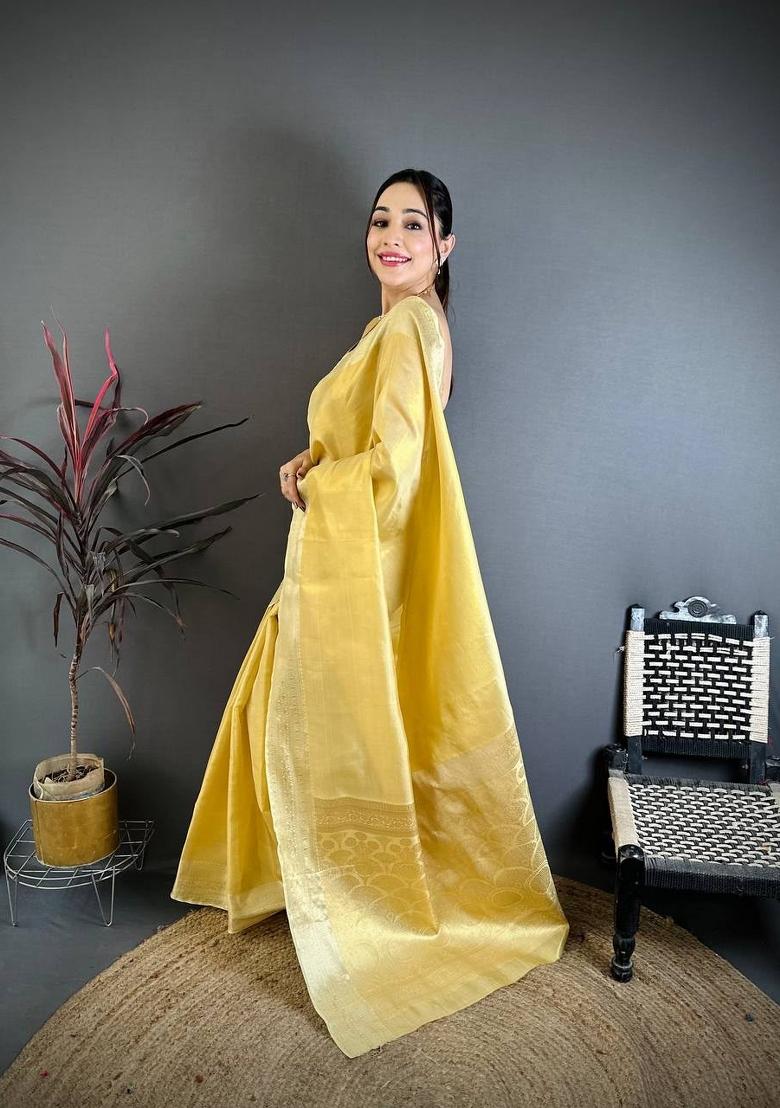 Beige Zari Woven Silk Saree Set - Indya