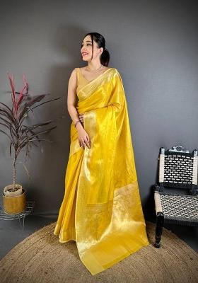 Yellow Zari Woven Silk Saree Set