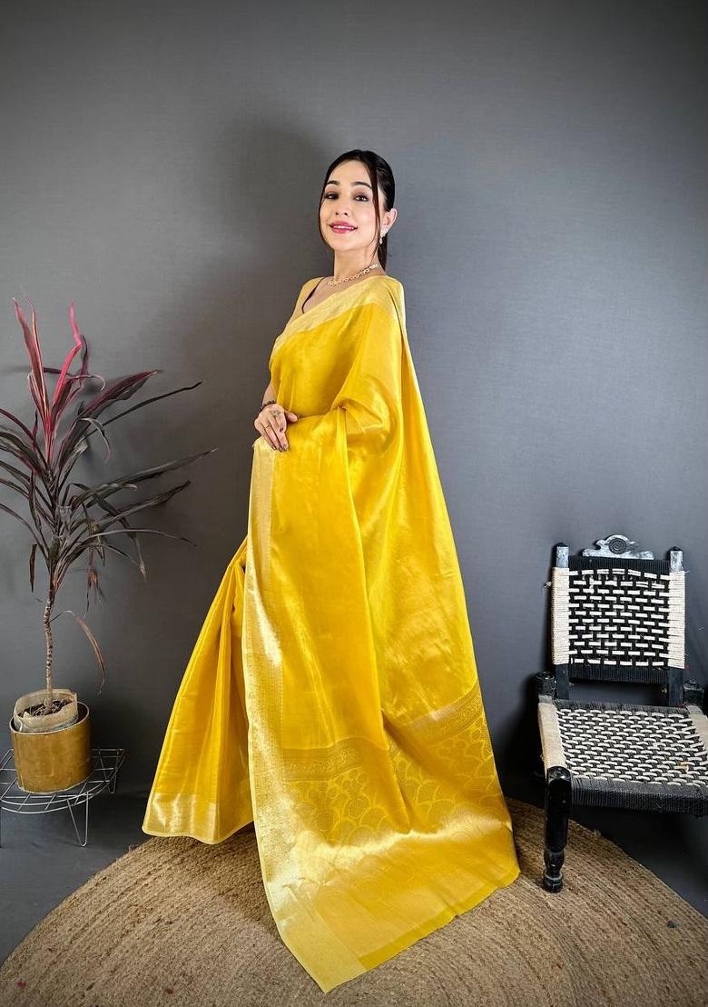Yellow Zari Woven Silk Saree Set - Indya
