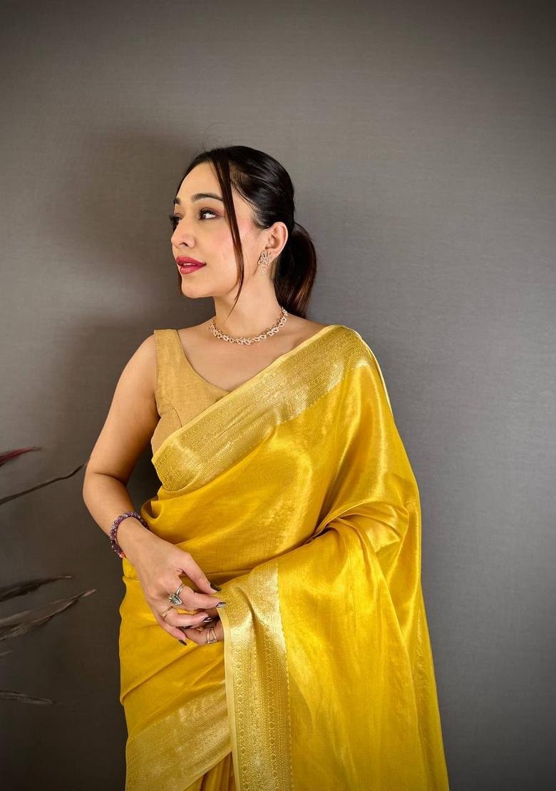 Yellow Zari Woven Silk Saree Set - Indya