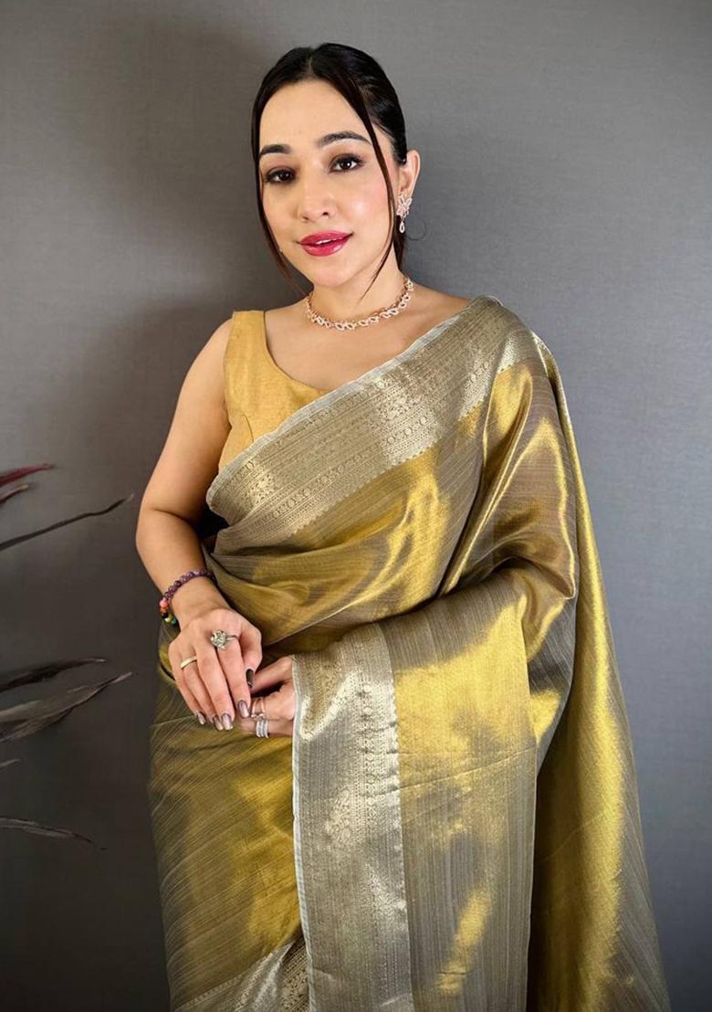 Brown Zari Woven Silk Saree Set - Indya