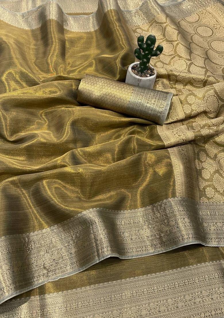 Brown Zari Woven Silk Saree Set - Indya