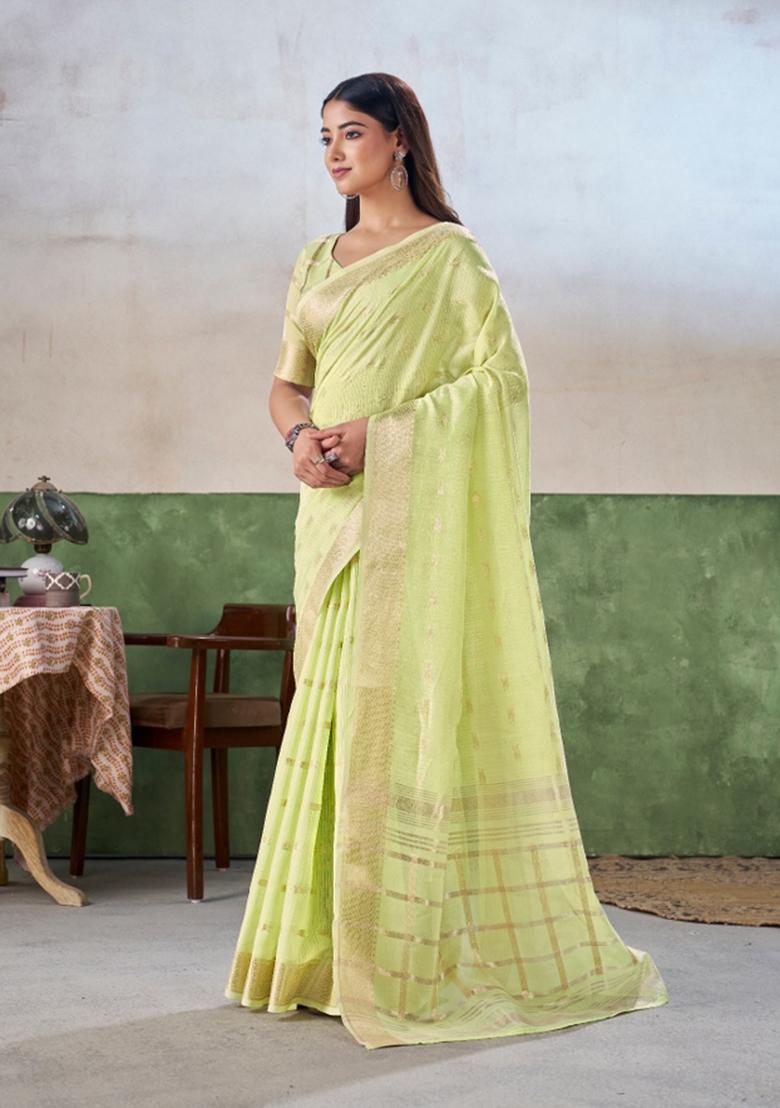 Light Green Zari Woven Cotton Saree Set - Indya