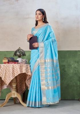 Light Blue Zari Woven Cotton Saree Set