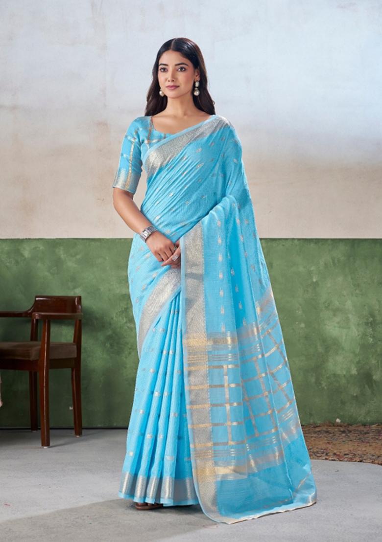 Light Blue Zari Woven Cotton Saree Set - Indya