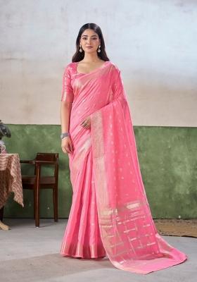 Pink Zari Woven Cotton Saree Set