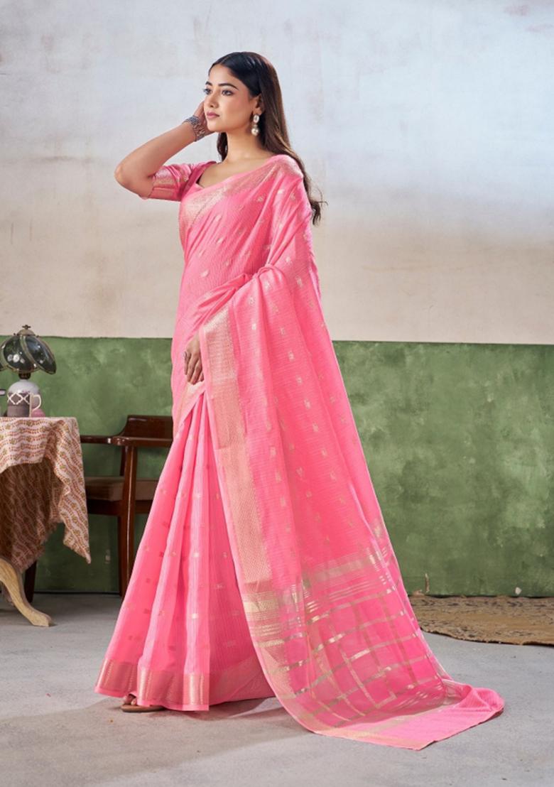 Pink Zari Woven Cotton Saree Set - Indya