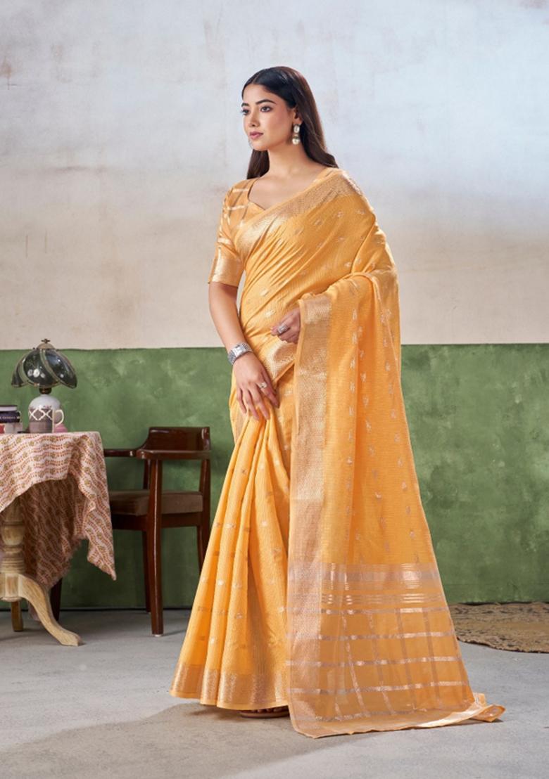 Mustard Zari Woven Cotton Saree Set - Indya