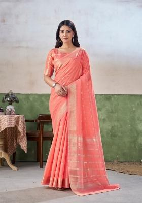 Peach Zari Woven Cotton Saree Set