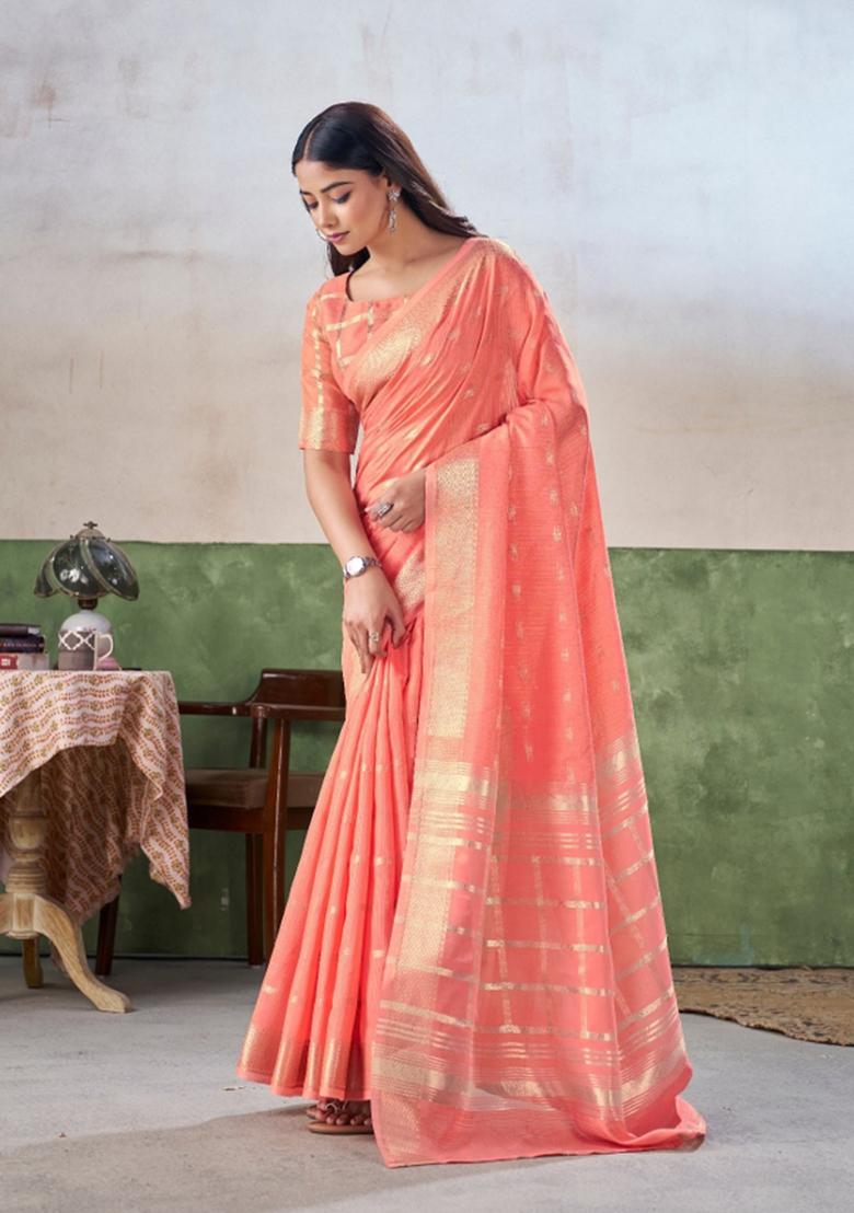 Peach Zari Woven Cotton Saree Set - Indya