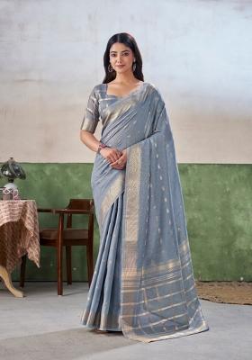 Grey Zari Woven Cotton Saree Set