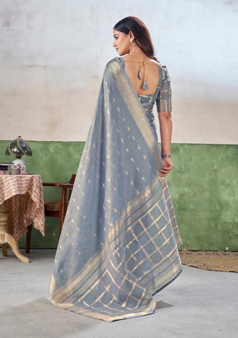 Grey Zari Woven Cotton Saree Set - Indya