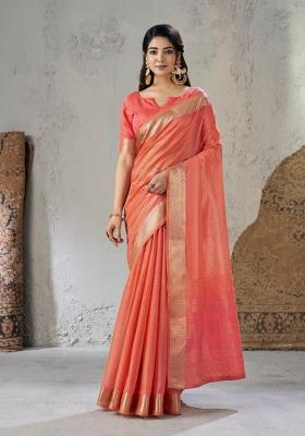 Peach Zari Woven Cotton Saree Set