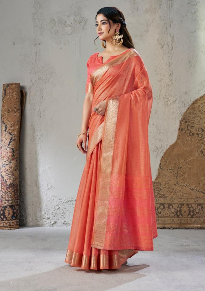 Peach Zari Woven Cotton Saree Set - Indya