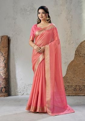 Pink Zari Woven Cotton Saree Set