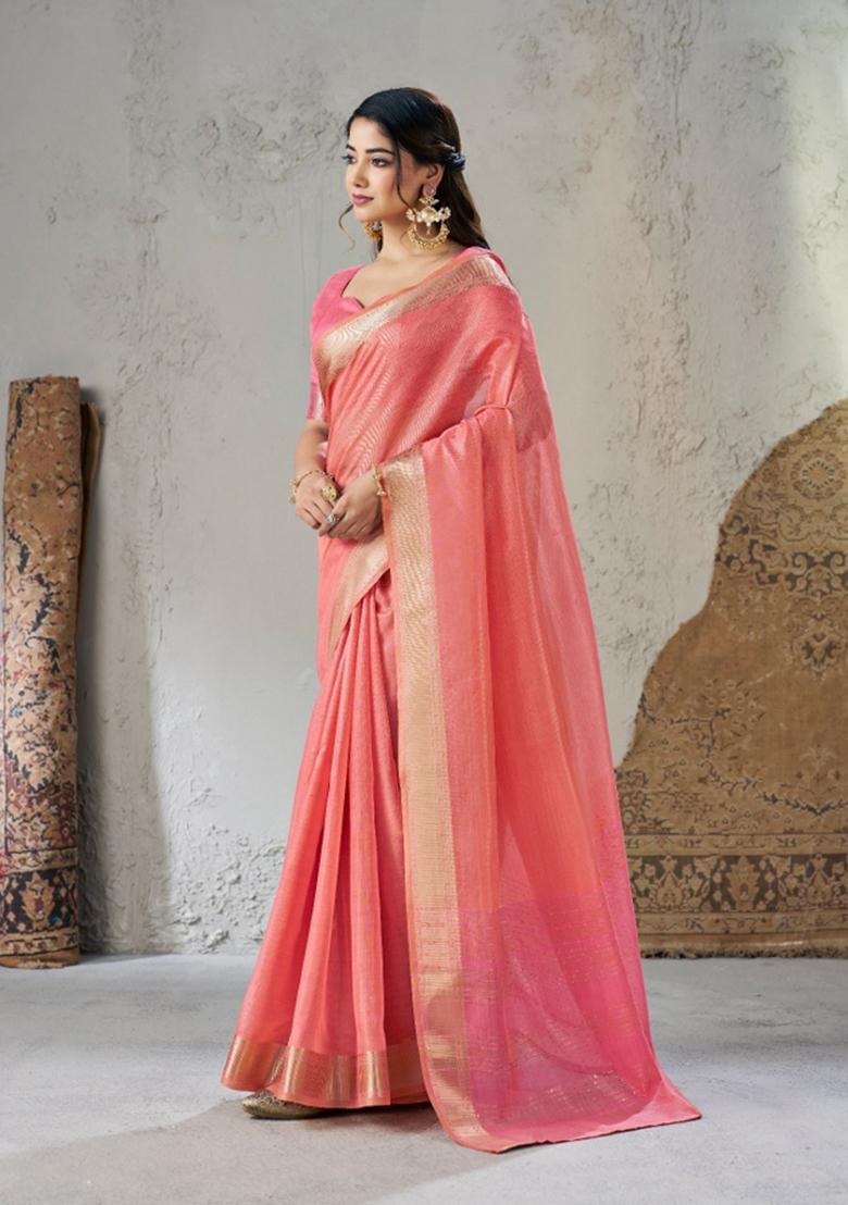 Pink Zari Woven Cotton Saree Set - Indya