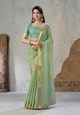 Light Green Zari Woven Cotton Saree Set