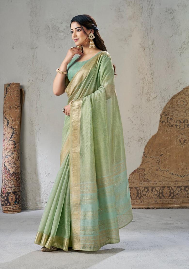 Light Green Zari Woven Cotton Saree Set - Indya
