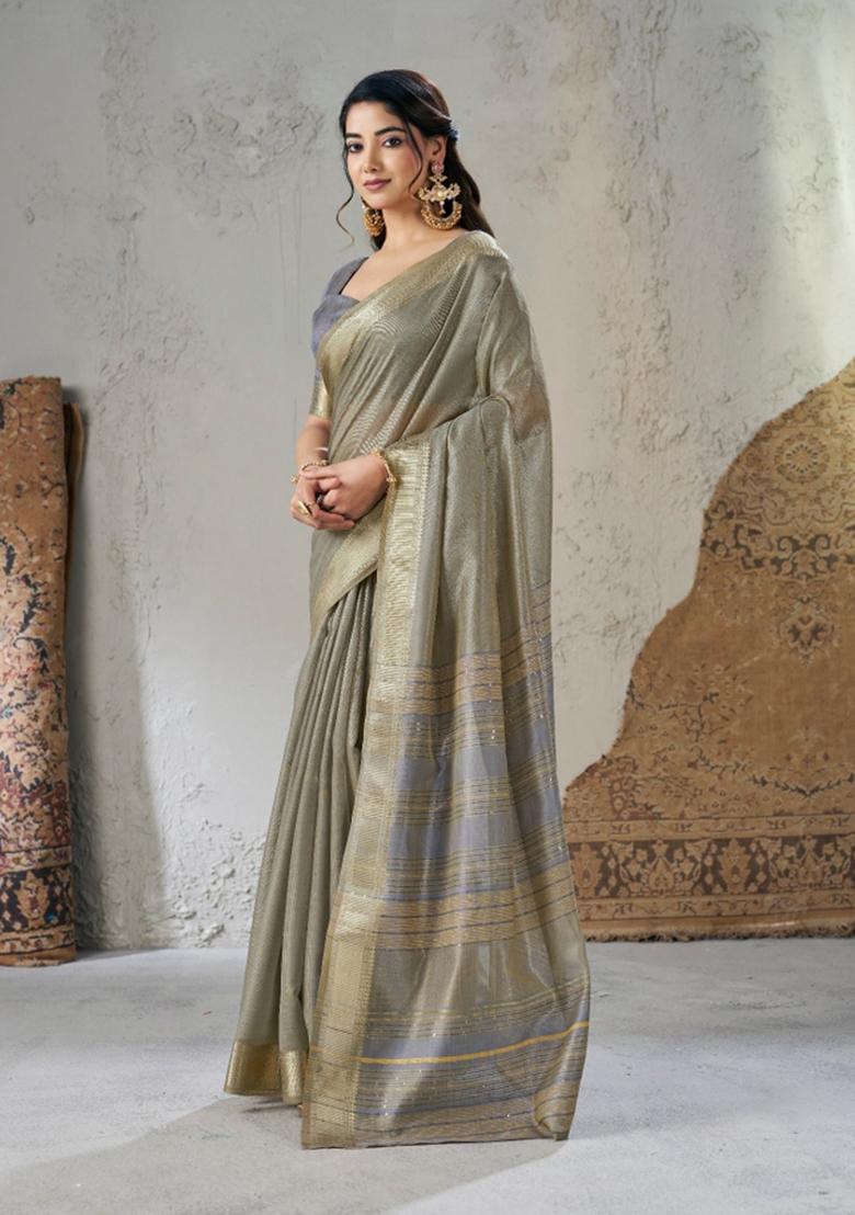 Brown Zari Woven Cotton Saree Set - Indya