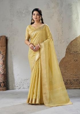Yellow Zari Woven Cotton Saree Set