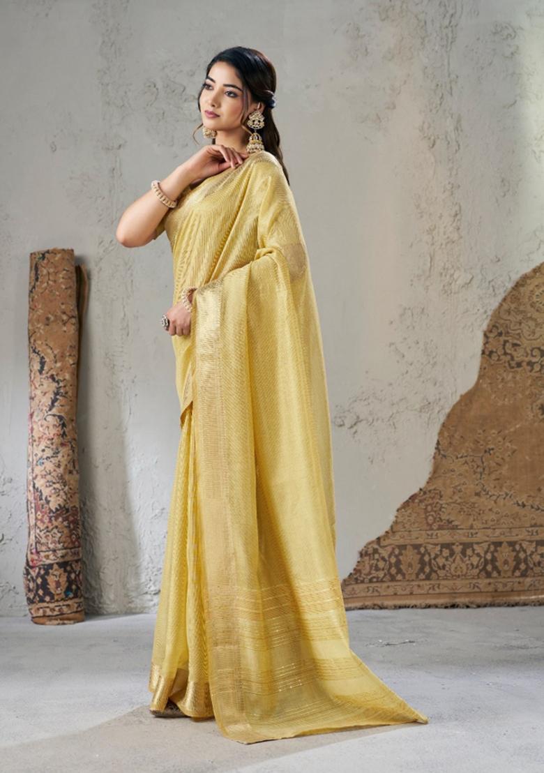 Yellow Zari Woven Cotton Saree Set - Indya