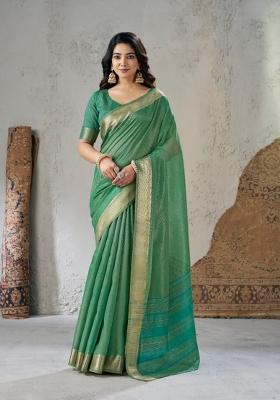 Green Zari Woven Cotton Saree Set