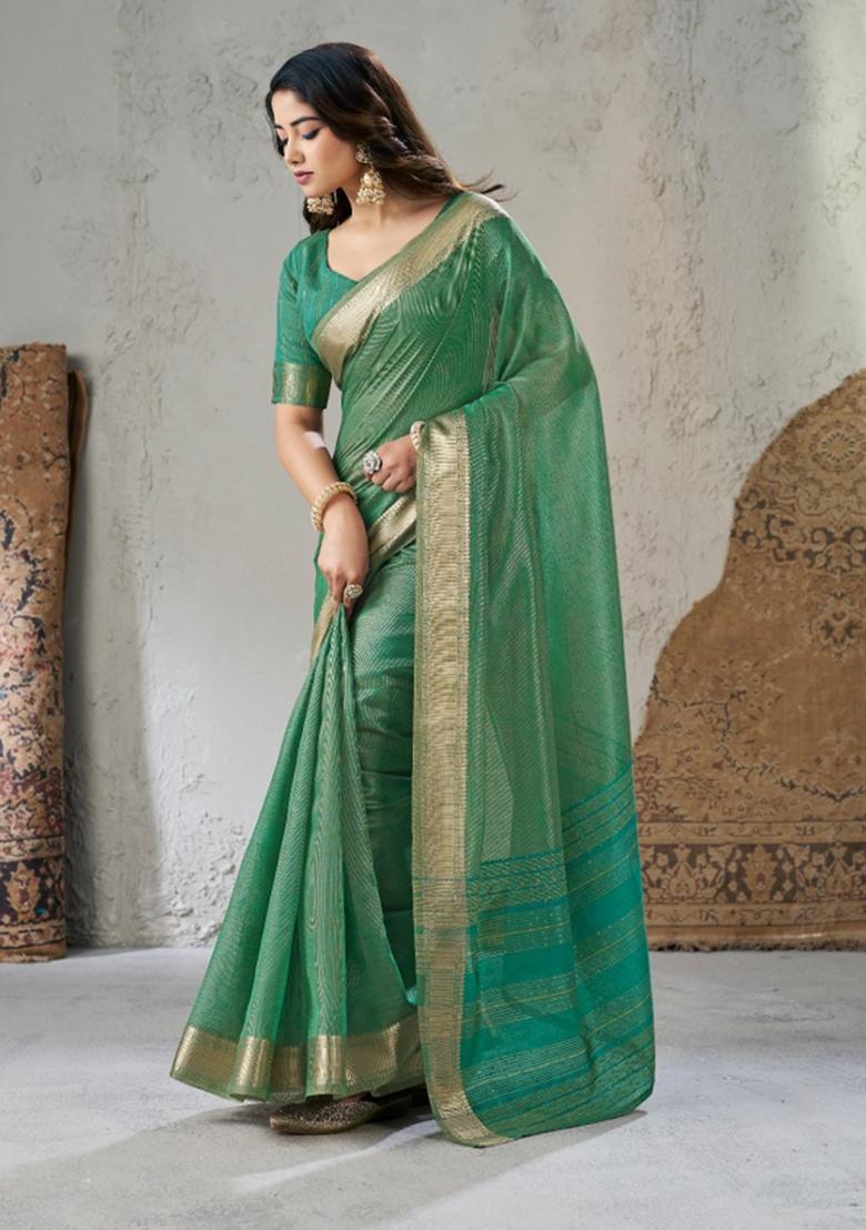 Green Zari Woven Cotton Saree Set - Indya