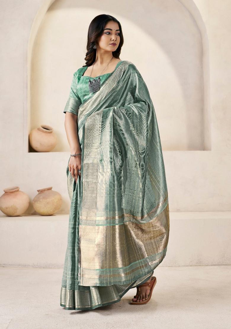 Sea Green Zari Woven Cotton Saree Set - Indya