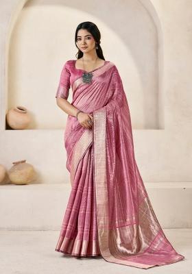 Pink Zari Woven Cotton Saree Set