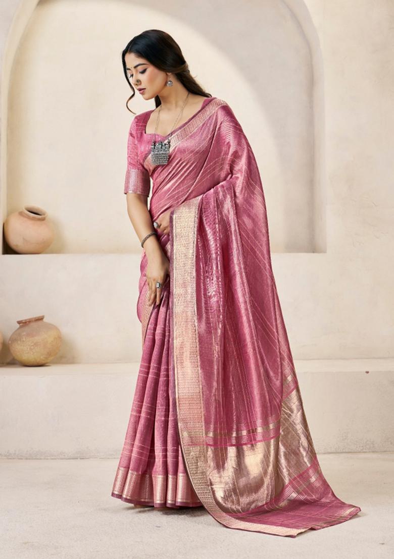 Pink Zari Woven Cotton Saree Set - Indya