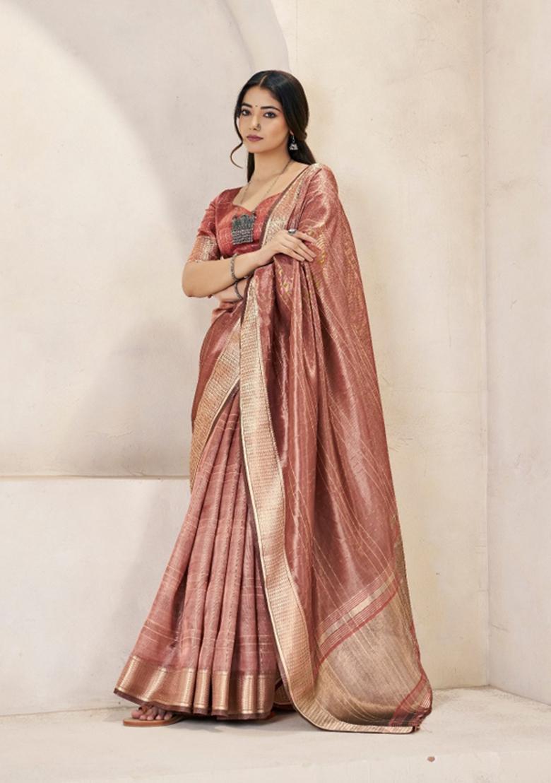 Rust Zari Woven Cotton Saree Set - Indya
