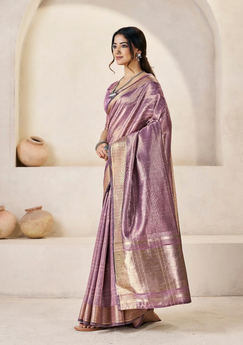 Purple Zari Woven Cotton Saree Set - Indya