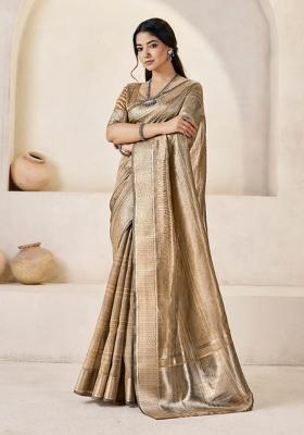 Beige Zari Woven Cotton Saree Set
